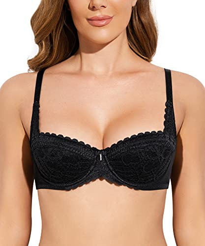 Deyllo Women's Balconette Push Up Bra Sexy Lace Lightly Padded Bra Underwire Demi Bras(Black,34C)