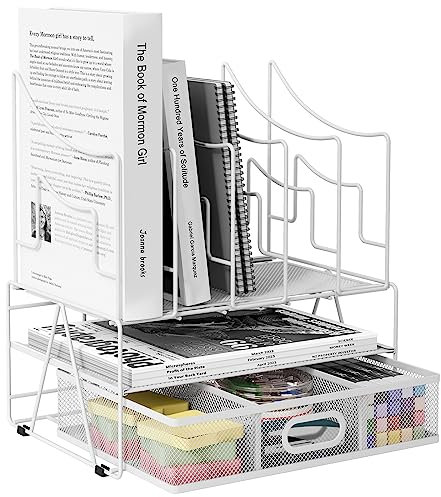 EasyPAG 6 Fächer A4 Metall Büro Schreibtisch Organizer Dokumentenhalter Aktenablage Zeitschriftenhalter Briefablage Papier Magazin Organisator mit Schreibwaren Schublade,Weiß