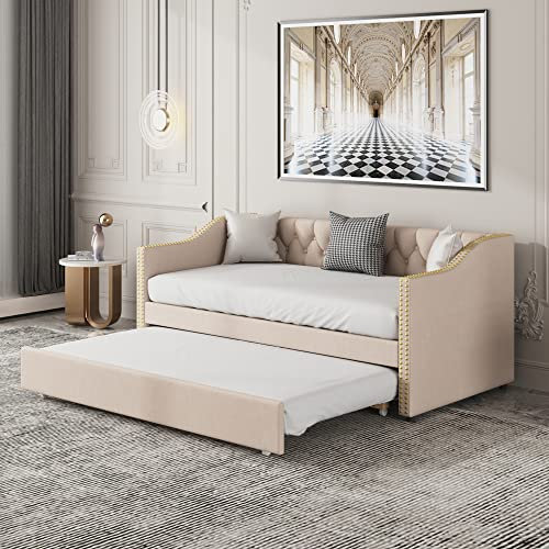 Oyemige Daybed, Jugendbett 90x200, funktionsbett ausziehbares, hautfreundlicher Samtstoff Hemnes Bett Kinderbett Gästebett (Ohne Matratze) (Beige)