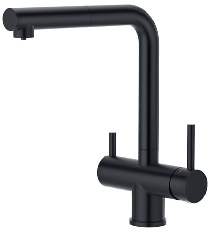 CREA 3 Wege Wasserhahn Küche mit Brause Ausziehbar, Trinkwasserhahn | 360° Drehbar Küchenarmatur,3 in 1 Mischbatterie für Wasserfilter,Spültischarmatur,2 Hebel,Matt Schwarz