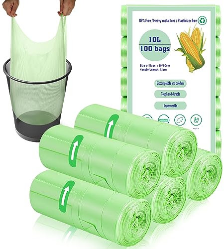 100 x 10 Liter Green Bin Bags, 18.9 * 23.2in Portable Food Waste Bag Small Kitchen Bin Liners Food Caddy Bag with Handle for Office Bathroom Kitchen Garbage