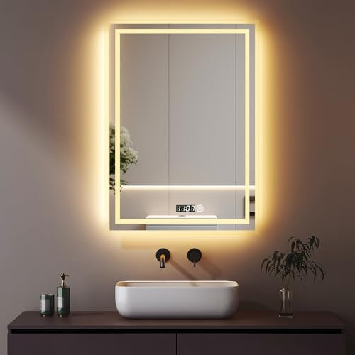 Boromal LED Badspiegel mit Beleuchtung und Uhr 50x70cm Badezimmerspiegel mit Beleuchtung 3 Lichtfarbe Dimmbare 3000-6500K 2470LM Wandspiegel Lichtspiegel LED Spiegel mit Uhr + Touchschalter