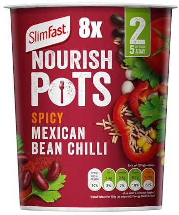 SlimFast Nourish Pot Spicy Mexican Bean Chilli, Ready Meal, Low in Sugar and Fat, Healthy Vegan Lunch, Source of Protein, Instant Noodles Alternative, Multipack, 8 x 60 g