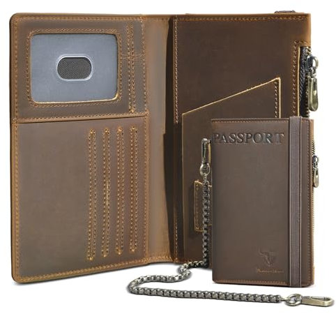Handadsume Dickes Crazy Horse Leder Funktionelle RFID Blocking Reisepasshalter Fall Reise Bifold Snap Kette Sicherheit Brieftasche Für Männer Männlichen 2801 (2801 Braun)