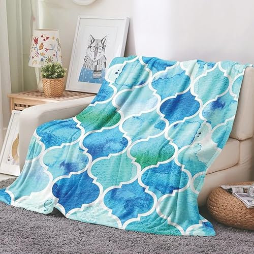 EHOMERY Couverture De Voyage Gants De Toilette en Flanelle Couverture D Été Couverture Pique Nique XXL Art Géométrique Couverture De Printemps Bleu 150x100cm