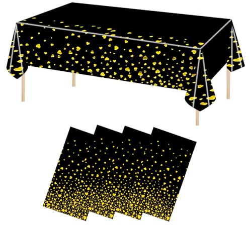 4 Pcs Tischdecke Kunststoff, 137x274cm, Tischtuch Plastik Wasserdicht, Fleckschutz Ölbeständig, Tischabdeckung Rechteckig Schwarz Weiß mit Gold Herz Konfetti, Party Tischschutz Hochzeiten (4, Schwarz)