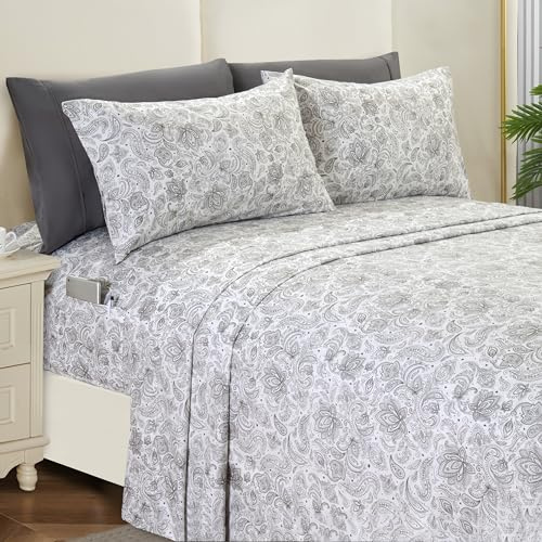 Elegant Comfort Softest and Coziest 6-Piece Sheet Set - 1500 Premium Hotel Quality Microfiber - Deep Pocket, Wrinkle Resistant 6-Piece Paisley Pattern Bed Sheet Set, Full, Paisley Gray