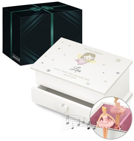 Maverton Personalised Ballerina Box for little princess, Child | Treasure Box with Drawer for girl, Wooden Jewellery Box with overprint, Customised White Organiser for Birthday for her