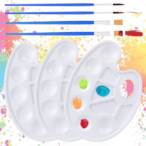 KOLZEMV Set de 3 Paletas de Mezclas de Pintura de Colores de Pintura de Acuarela, Paleta Pintura, Paleta Acuarela, Paleta de Arte, Paleta de Pintura Bandeja de Pintura Redondas, con 4 Pinceles
