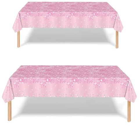 2P Pastel Pink Party Plastic Table Cloth,137x274cm Shiny Glitter Pink Tablecloths Rectangular Diamond Pinks Party Dining Table Cover Baby PinkTablecloths for Baby Shower,Wedding,Birthday PartyDécor