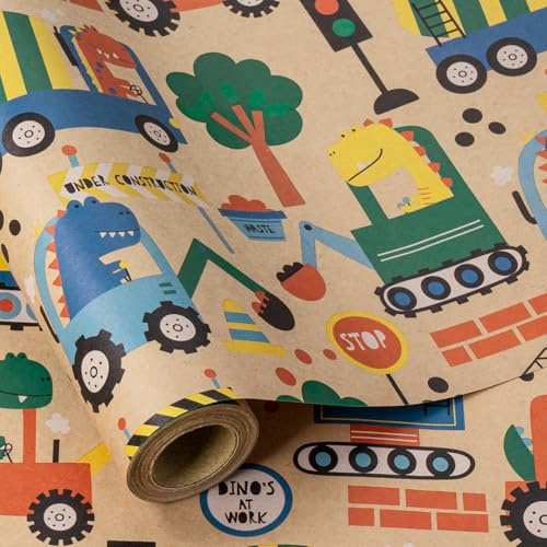 RUSPEPA Kraft rotolo di carta da imballaggio - mini rotolo - colorato dinosauro e camion modello grande per compleanno, festa e qualsiasi occasione - 43.2cm x 5m