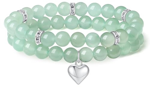 AWARDSEN 2 Stück Herz Edelstein Armband Damen Geschenk für Frauen | AWARDSEN Kristall 8mm Edelstein Schmuck, Heilsteine Armband, Partnerarmbänder