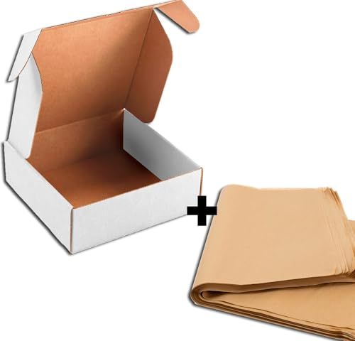 25 Cajas Automontables Blancas 43x30x12cm (Interiores) + 25/30 Hojas de Papel Manila (60x43cm), Cajas Postales de Cartón Ideal para E-Commerce y Envío Seguro (43x30x12cm - 25 Blancas +25/30 Papel)