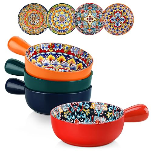 vancasso Set di 4 Zuppiera con Manici da 690ml, Ciotole per Cereali in Porcellana, Piatti Fondi, Insalatiera, Ciotole da zuppa di Cipolle Francesi, Sicuro in Microonde e Lavastoviglie, Stile Boho
