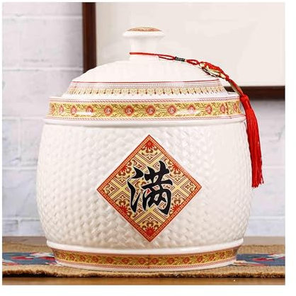 Arrocera china de cerámica sellada de gran capacidad, dispensador de cereales hermético, cubo para arroz, aperitivos, caramelos, granos de café, rojo (21 x 27 cm)
