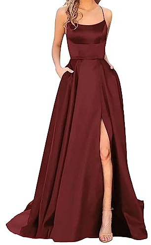 Robe de Soiree Femme, Robe Femme Chic et Elegant Maxi Longue en Satin Élégante Sexy Dos Nu Fendue Party Dress