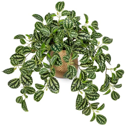 Oairse Fake Plants in Gold Metal Pots Artificial Trailing Plants Potted | 41cm Faux Tradescantia Zebrina for Indoor Outdoor Home Office Bathroom Kitchen Shelf Desk Table Decoration