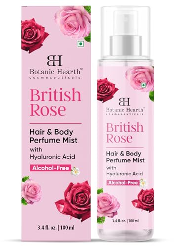 Botanic Hearth British Rose Hair Perfume & Body Mist, Long-Lasting Hair Deodorizer, Body Scent for Women & Men, Alcohol-Free Clean Fragrance Hair Spray For Everyday Wear, All Day Freshness, 3.4 Fl Oz