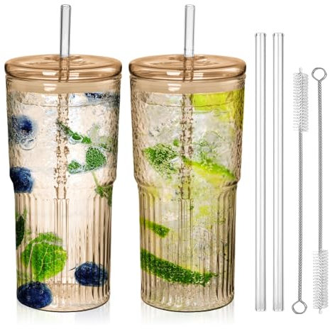 Juego de 2 vasos de cristal acanalados de 650 ml con tapa y pajita, de pared gruesa y robusta, con pajita, herméticos y resistentes al agua, vasos de café, tazas de capuchino