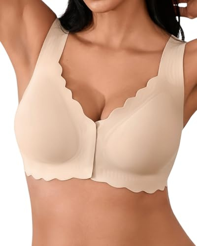 SHARICCA Dam främre knäppning BH – utan bygel, V-ringning, vågiga kanter, push-up behå, mjuk, bekväm, sömlös bralette, Skin-1p02, M