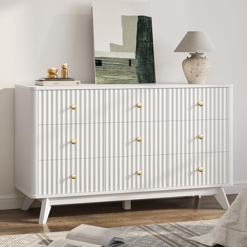 Curlaky Fluted 9 Drawer Dresser for Bedroom - 52.8” Modern Chests of Drawer for Storage, Curved Corner Design, Large Dressers for Closet, Wood Dresser Organizer for Bedroom, Hallway White