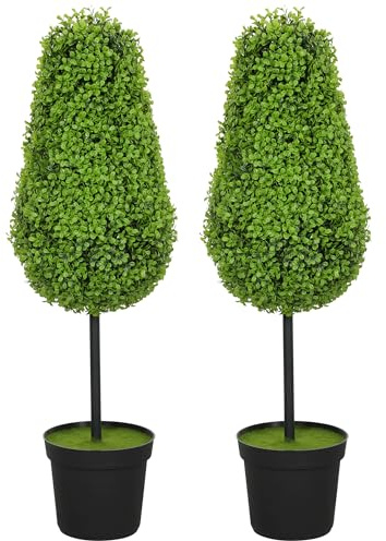 HOMCOM Juego de 2 Plantas Artificiales de boj de 90 cm, en Forma de lágrima, de plástico, Plantas Artificiales en Maceta, árbol Artificial Artificial con protección UV para salón, Dormitorio, Oficina