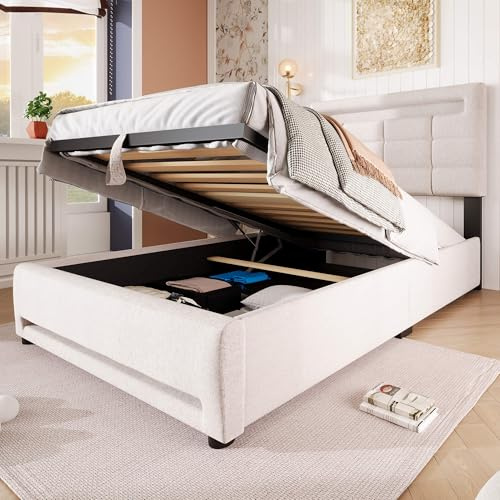 MQGPM Polsterbett 90x200 cm mit Beleuchtung und Lattenrost, Hydraulisches Stauraumbett mit Bettkasten, Bettgestell mit Stauraum, Leinen, Beige