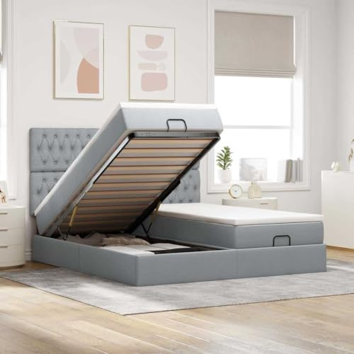 Qnhdfrt Ottomanbett mit Matratzen 160x200 cm Doppelbett mit Stauraum LED Beleuchtung Hydraulik Mechanismus Stoff Hellgrau für Schlafzimmer
