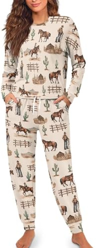 Pigiama da donna in stile rustico western – Set pigiama in due pezzi con stampa a cavallo e cowboy allover | Accogliente tuta lounge per gli appassionati di equitazione e western, M