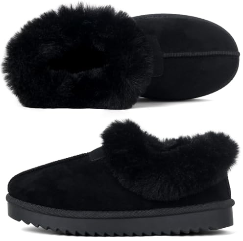 LUNATECH Women's Closed back Slippers Faux Fur Warm Non Slip Outdoor Indoor House Shoes with Fuzzy Collar (BLACK, ，, Adult, Women, 4, Numeric, UK Footwear Size System, Medium)