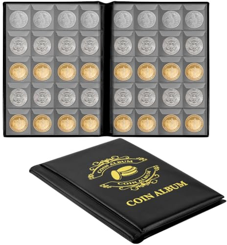 Vicloon Album per Monete da 200 Tasche, Libro per Collezionare Monete con 10 Pagine, Portamonete Con Tasche 45x45mm per Sterline, Penny, Centesimi, Dollari e Nichel (Nero)