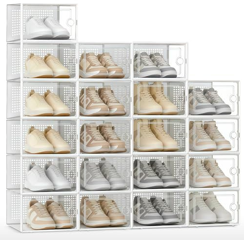 JUPPLIES Cajas de Zapatos Transparentes - Zapatero Plastico Apilable con Apertura Frontal, Ventilación y Sistema Antivuelco, Organizador de Zapatos con Montaje Fácil sin Herramientas (Pack de 20)