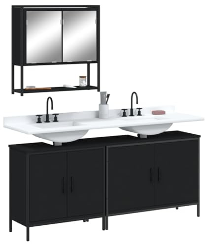 Bucmath 3-TLG. Badmöbel-Set Schwarz, Holzwerkstoff, Wandmontage, platzsparend, Glatte Oberfläche, Badezimmer-Spiegelschrank, feuchtigkeitsbeständig
