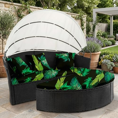 LiveGo Outdoor-Tagesbett-Kissenbezug, 167,6 cm, Ersatz-Tagesbettbezug mit Gummiband, Sonnenliegen-Kissenbezug, runde Outdoor-Bett-Kissenbezüge (Sommer, 2 halbrunde Bezüge + 3 Kissenbezüge)