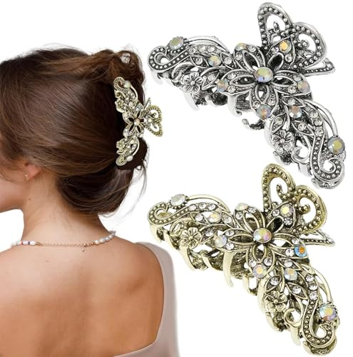 OuryTech Hårklämma, 2 stycken klosklämma och hårklämma, vintage metall hårnål med strass och blommig design, halkfria retro hårklämmor för damer och flickor