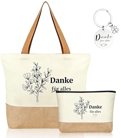3-Teiliges Danke Für Alles Geschenkset – Jute Tasche, Kosmetiktasche & Schlüsselanhänger – Dankeschön Geschenke Klein, Kleines Dankeschön Geschenk Für Lehrerin, Erzieherin & Kollegin Zum Abschied