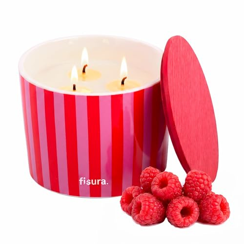 Fisura – Vela aromática original en recipiente de cerámica “rayas”. Vela de soja con aroma de frambuesa. Con caja de regalo. 24 horas de duración. 830 gramos. Regalo original.