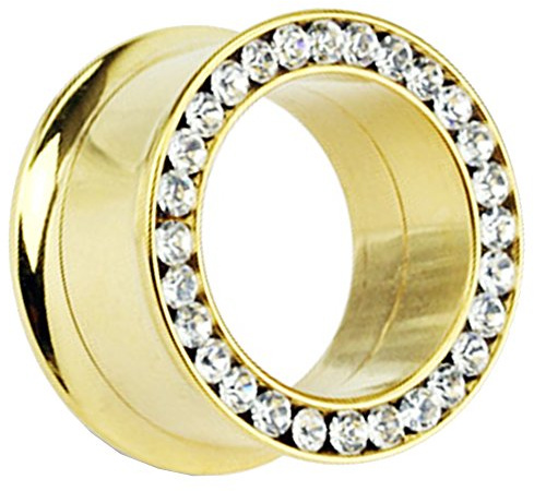 Piersando Flesh Tunnel Ohr Plug Piercing Ohrtunnel Ohrpiercing Schmuck Schraub aus Titan in Gold Farben mit klaren Kristallen am Rand