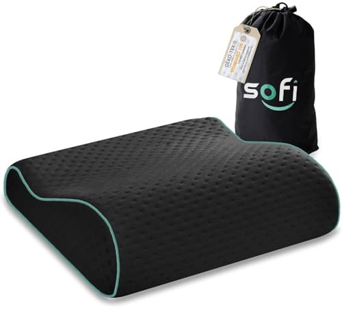 sofi Reisekissen mit Welle – Ergonomisches HWS Nackenstützkissen aus Memory Schaum – Kleines orthopädisches Kopfkissen für Reisen im Auto, Flugzeug und Hotel – Thermoregulierender Bezug – Schwarz