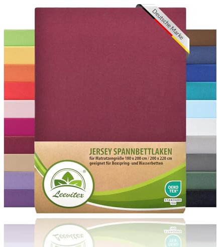 Boxspringbett & Wasserbett Spannbettlaken von leevitex® | Spannbetttuch | ÖKO-TEX | 180x200 – 200x220 cm | 100% Jersey-Baumwolle | 150 g/m² | 40 cm Steg | Bordeaux/Weinrot