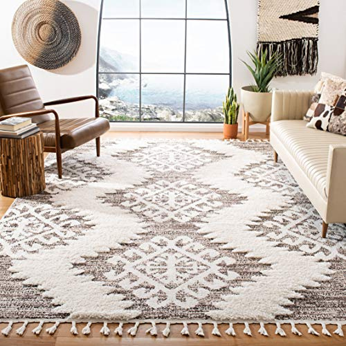 SAFAVIEH Moroccan Tassel Shag Collection Area Rug - 6'7 Square, Ivory & Brown, Boho Design, Non-Shedding & Easy Care, 2-inch Thick Ideal for High Traffic Areas in Living Room, Bedroom (MTS652A)