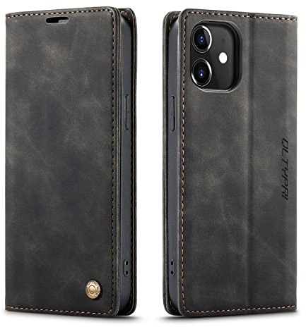 QLTYPRI Kompatibel mit iPhone 12 und iPhone 12 Pro, Vintage Dünne Handyhülle mit Kartenfach Ständer Ledertasche Klapphülle Schutzhülle Kompatibel mit iPhone 12 und iPhone 12 Pro (6,1 Zoll) - Schwarz | Vintage PU Leder Hülle, Handyhülle mit 2 Kartenfächer, Standfunktion, Weicher TPU-Rahmen, Stoßfeste Flip Wallet Case