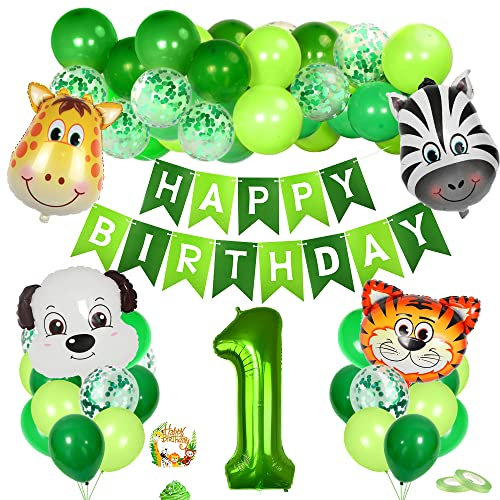 1. Geburtstag Deko Set, Junge 1 Jahre, Luftballon & Folienballon 1 Grün, Tier-Thema für Safari Party Dekoration