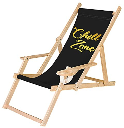 Ferocity fällbar solstol i trä, hopfällbar stol med armstöd och mugghållare, strandstol, motiv Chill Zone [119]