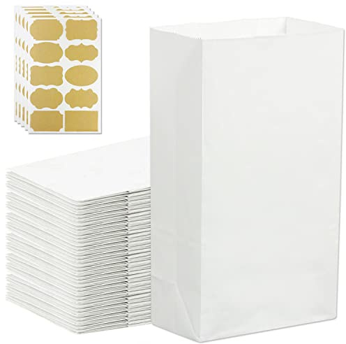 Papiertüten Weiß 50Stk Bodenbeutel Kraftpapier Tüten Mitgebsel Tüten | Größe: 27x15x9 cm | Weiße Bodenbeutel mit Aufkleber. Ideal für Adventskalender Tüten, DIY, Brot, Keks & Geschenke