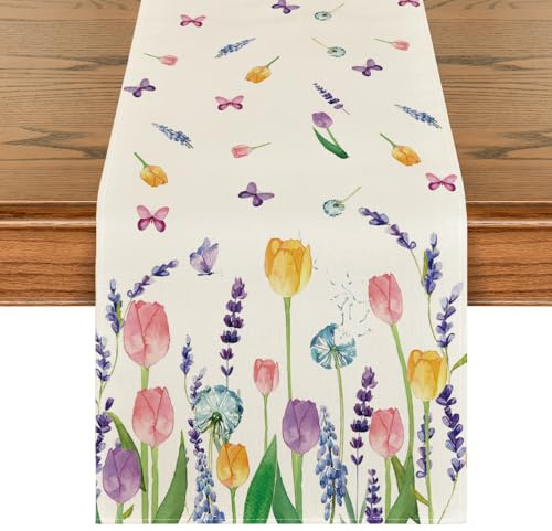 Artoid Mode Tulpen Lavendel Frühling Tischläufer, Saisonnal Sommer Küche Tisch Dekoration Drinnen Urlaub Party Dekor 40x140 cm
