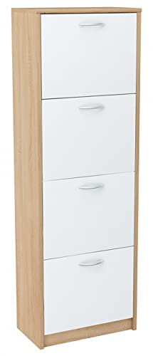MATKAM Armario Zapatero 4S, de Aspecto Elegante, Ancho 50 x Alto 152 x Fondo 28 cm, Tablero de Mueble Laminado 16 mm, con Panel Trasero, 4 estantes para Zapatos desplegables (Roble Sonoma - Blanco)