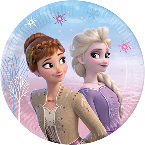 Procos - Pappteller FSC Disney Frozen II Wind Spirit (Ø20 cm), 8 Stück 16-21 cm, Hellblau, Violett, Rosa, 95042