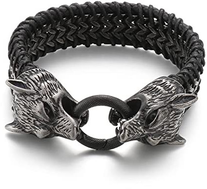 KnSam Personalisierte Geschenke - Herren Armband Leder, PU Leder Herren Armband Wolf Bettelarmband Charm Edelstahl Armschmuck Schwarz mit Magnet Verschluss, Länge 23CM