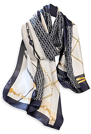 LumiSyne Sidenscarf kvinnor kedja rand paisleymönster retro lyxig stil lätta långa halsdukar varm stola solskydd sjal, Marinblå kedja, one size